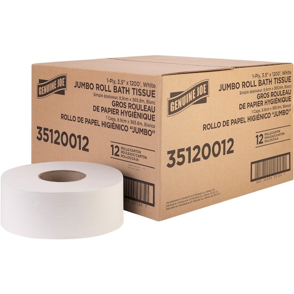 Genuine Joe Jumbo Roll Bath Tissue - 1 Ply - 3.63in x 1200' - 8.88in Roll Diameter - White, 12PK GJO35120012 - main